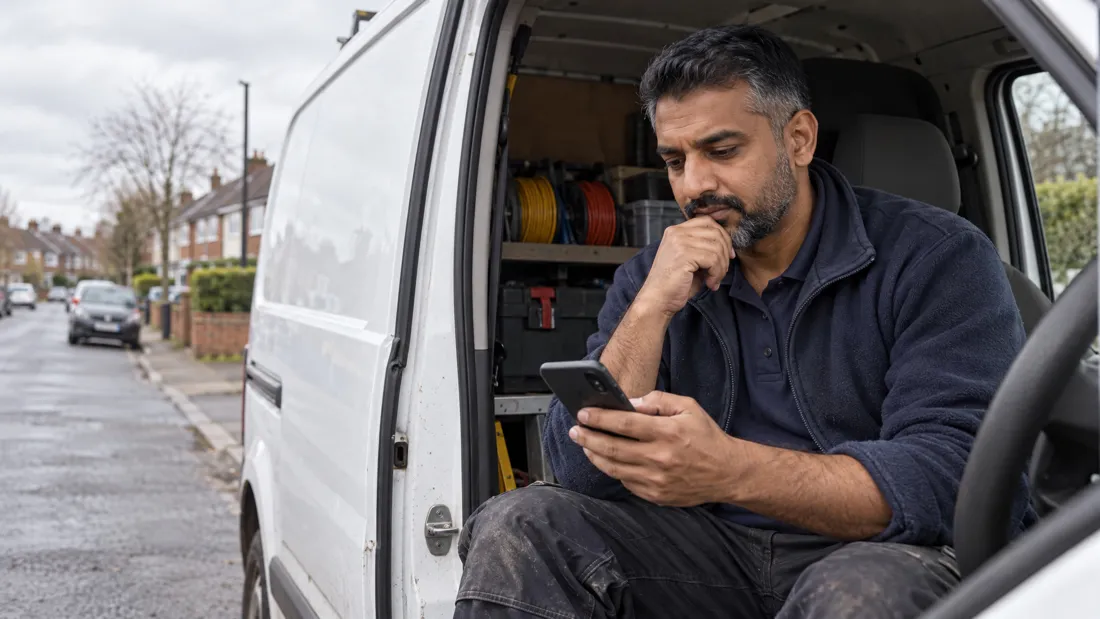 A tradesman in his van checking his Passport account on his phone