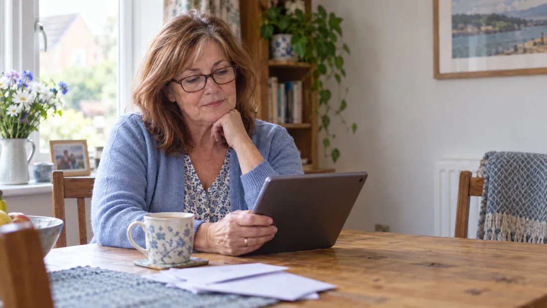 A woman at her kitchen table choosing a firm on a tablet