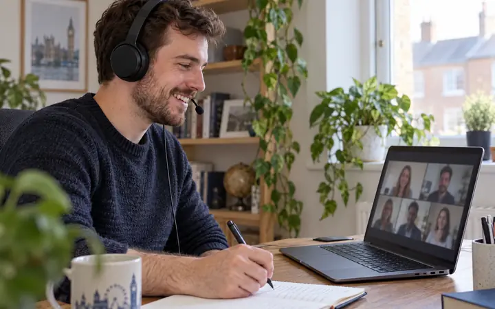 A financial advisor on a client video call