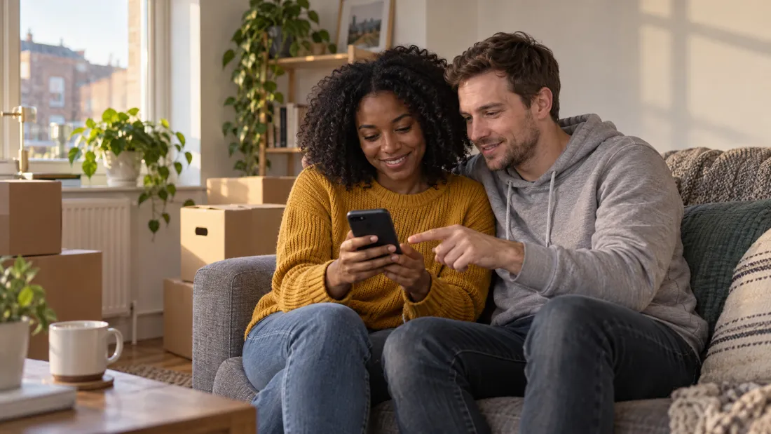 A couple on their sofa asking for advice from their Passport account on a phone